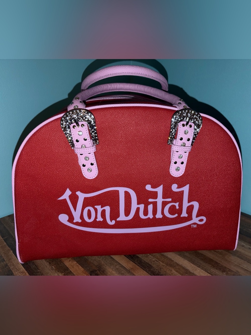 Von Dutch Red Duffle Bag with Pink Handles and Rhinestone Buckles NWOT